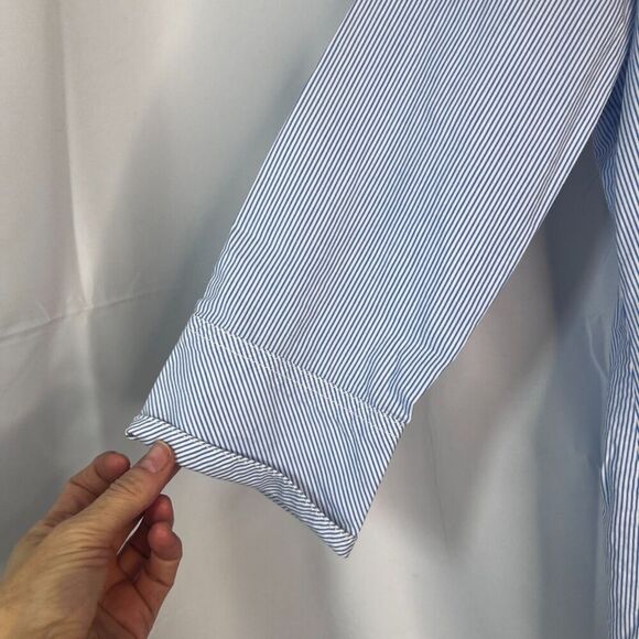 Talbots Blue White Pin Striped 3/4 Sleeve Ruffled Neckline Button Up Size 4 - Picture 5 of 10
